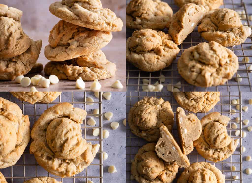 Collage of Grandma’s White Chocolate Macadamia Nut cookies, the January Cookie of the Month. The cookies feature a soft, chewy texture with buttery macadamia nuts and sweet white chocolate chips, beautifully displayed on a cooling rack and stacked to highlight their irresistible golden-brown appearance and decadent filling.